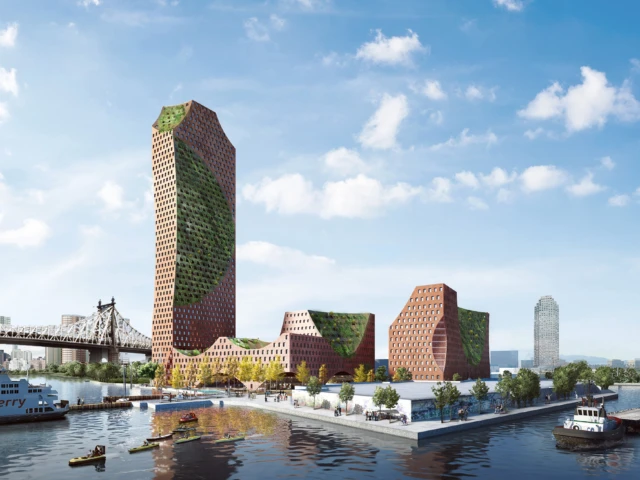 Aerial panorama of CAZA’s LIC Oyster—mixed-use towers and mid-rises with green roofs on the Queens waterfront.