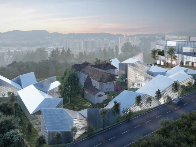 Aerial dusk view of serrated metal pavilions encircling a preserved house on a hillside, with a glass block and city skyline beyond.